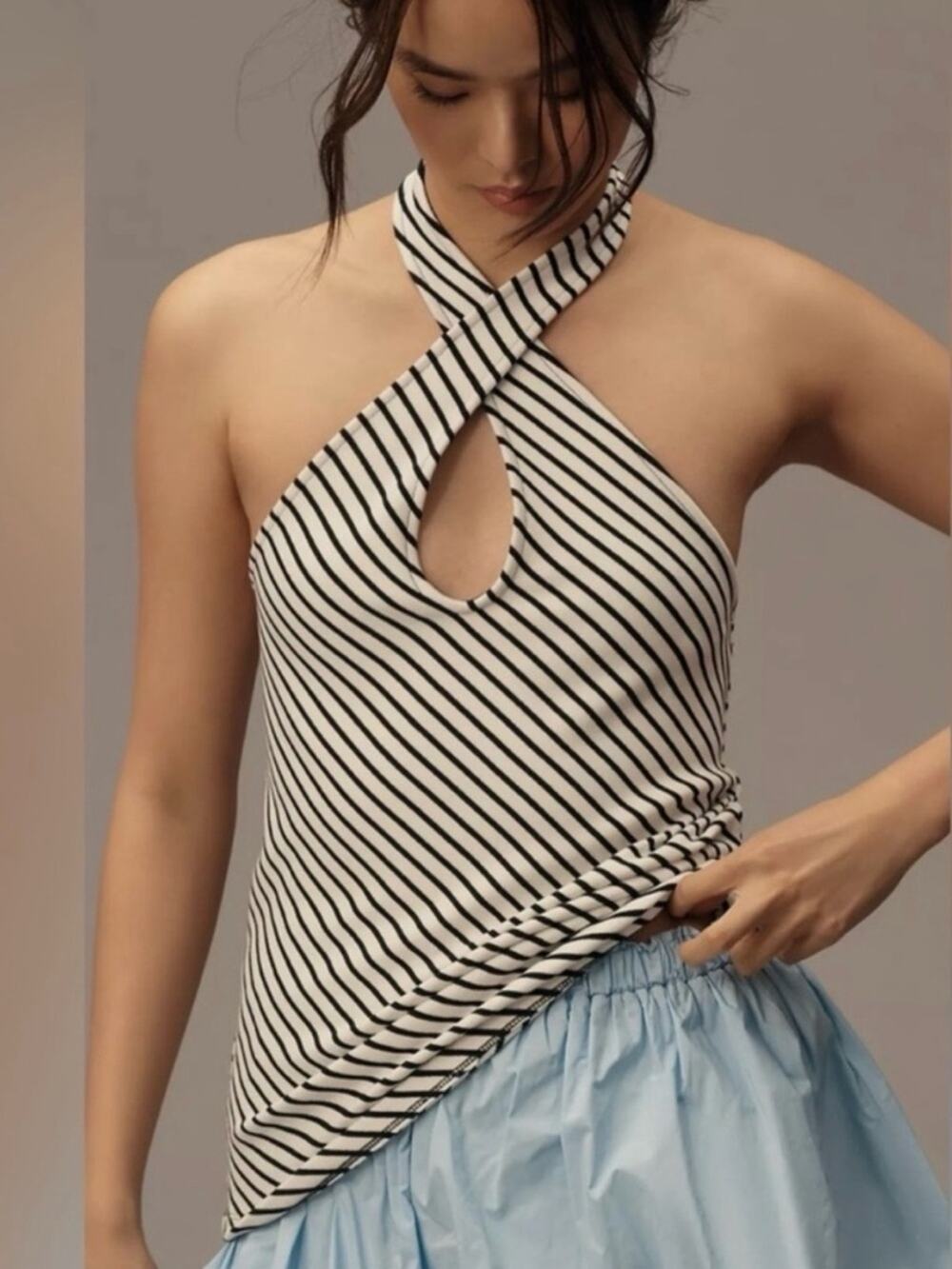 Maeve Anthropologie Black White Twist Stripe Halter Top Size Medium